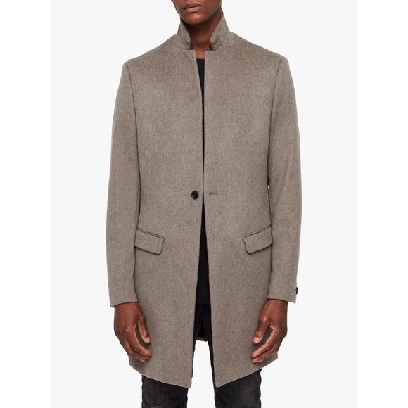 AllSaints Mens XS Bodell Wool Pea Coat Oatmeal Beige Knee Length Preppy Classic - Picture 1 of 16